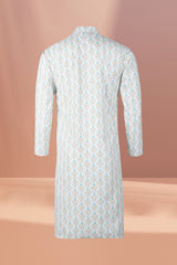 Multicolored Traditional Printed White Taby Fabric Kurta For Men