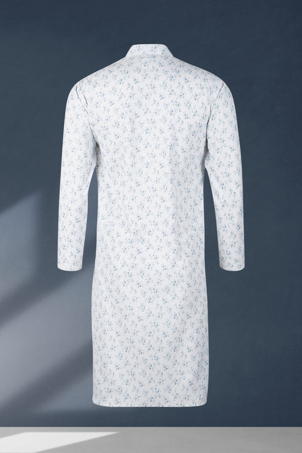 White and Blue Floral Printed Taby Fabric Kurta For Men