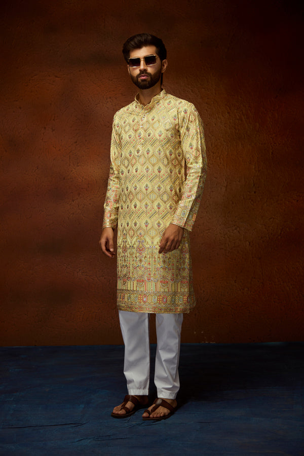 Vibrant Lemon Yellow Georgette Multicolor Embroidery with Mirror work Kurta For Men