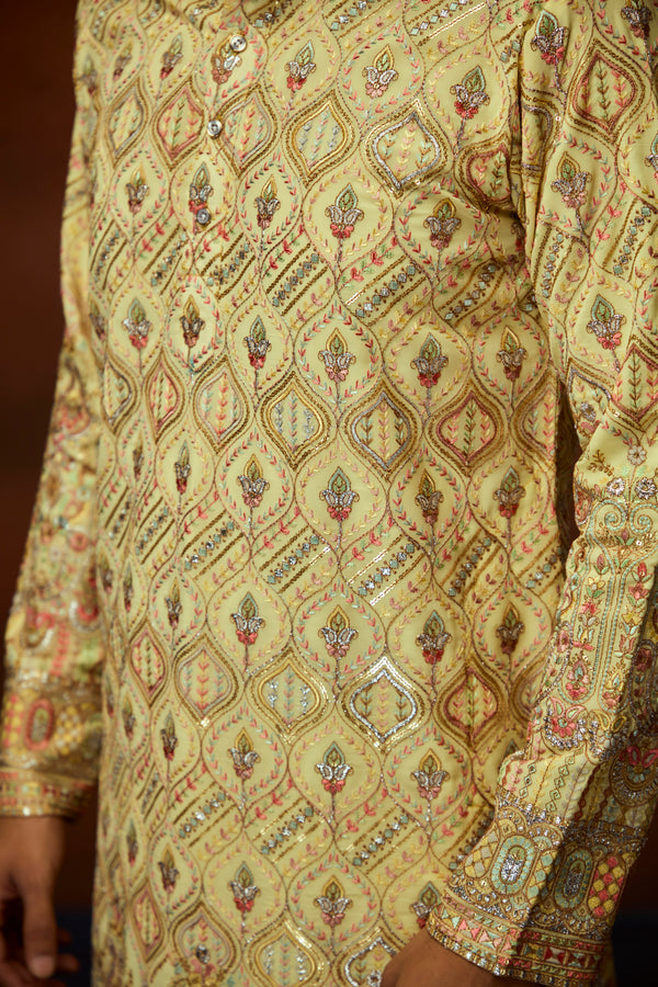 Vibrant Lemon Yellow Georgette Multicolor Embroidery with Mirror work Kurta For Men