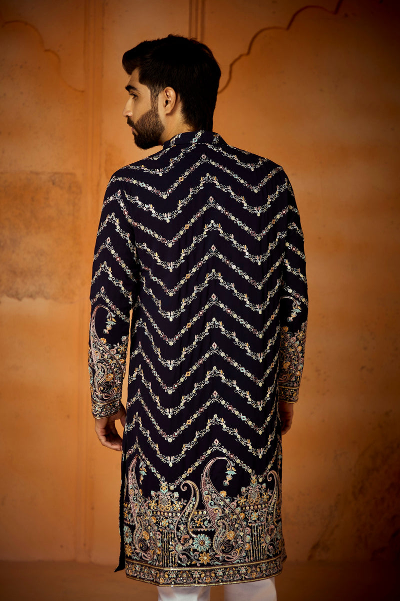 Dark Blue Georgette Kurta With ZigZag Embroidery Work