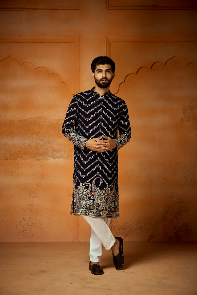 Dark Blue Georgette Kurta With ZigZag Embroidery Work