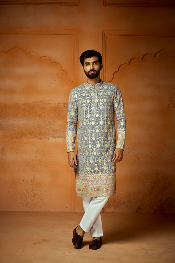 Gray Georgette Kurta with Botanical pattern Thread Work