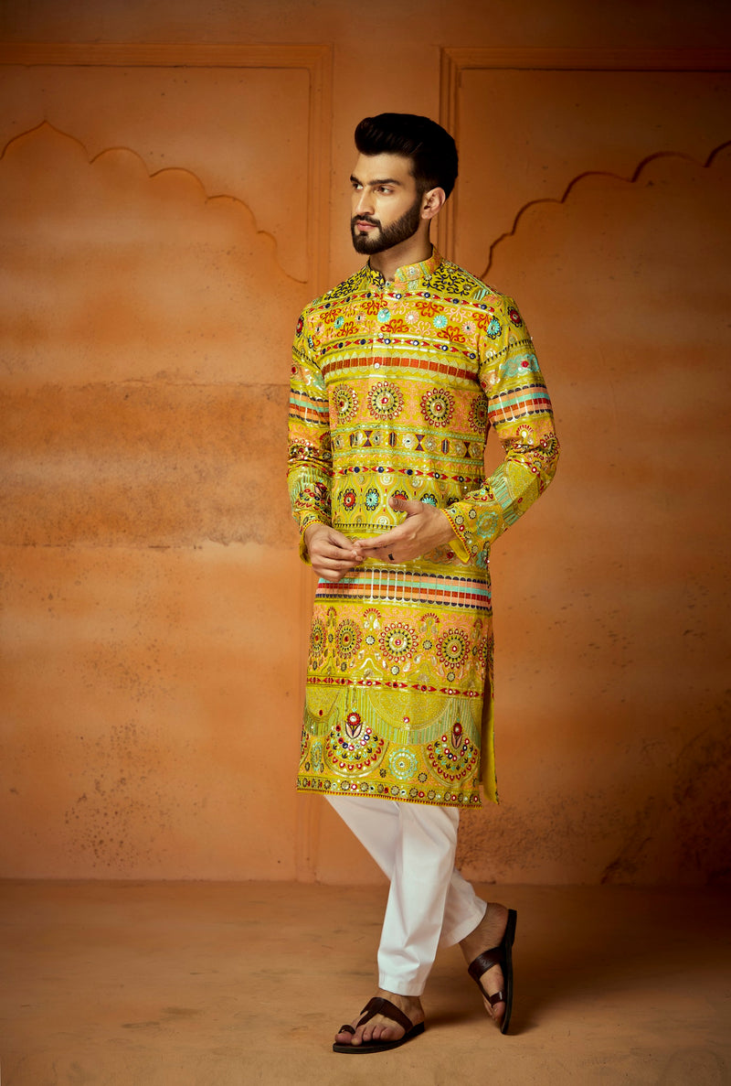 Mustard Yellow Georgette Royal Kurta With Embroidery Work