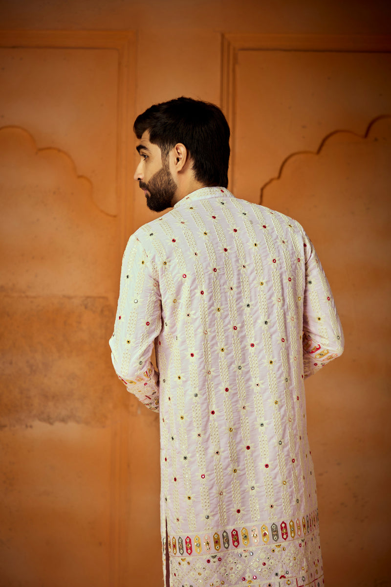 Pink Georgette Multicolor Thread Embroidery Simple Kurta For Men