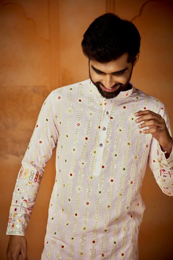 Pink Georgette Multicolor Thread Embroidery Simple Kurta For Men