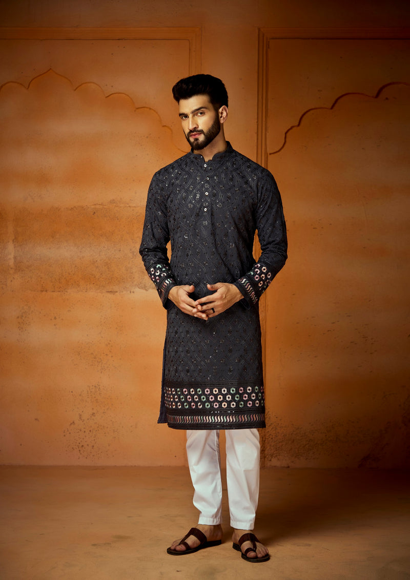 Gray Georgette Kurta With Embroidery Work