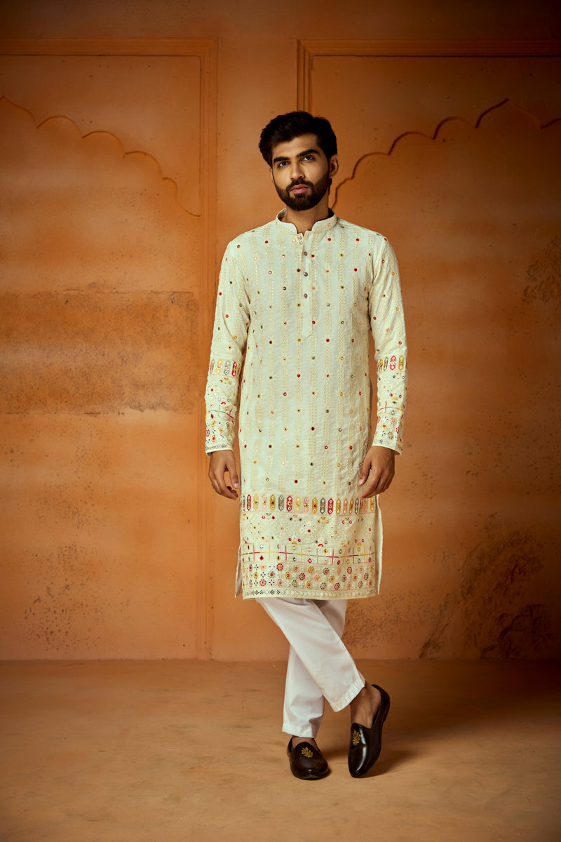 White Georgette Embroidery Mirror Work Kurta For Men