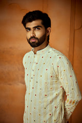 White Georgette Embroidery Mirror Work Kurta For Men