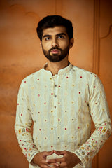 White Georgette Embroidery Mirror Work Kurta For Men