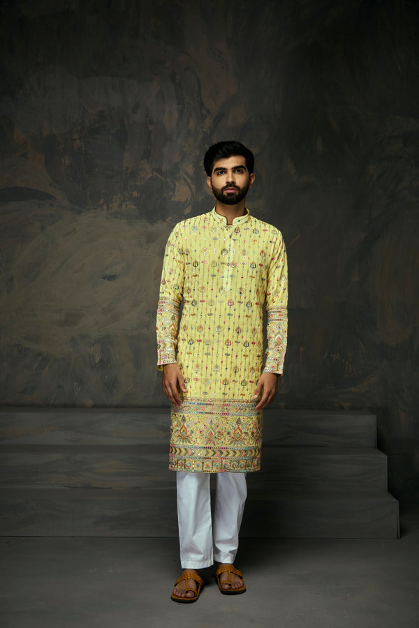 Lemon Yellow Georgette Multicolor Thread Embroidery With Mirror Work Kurta For Men