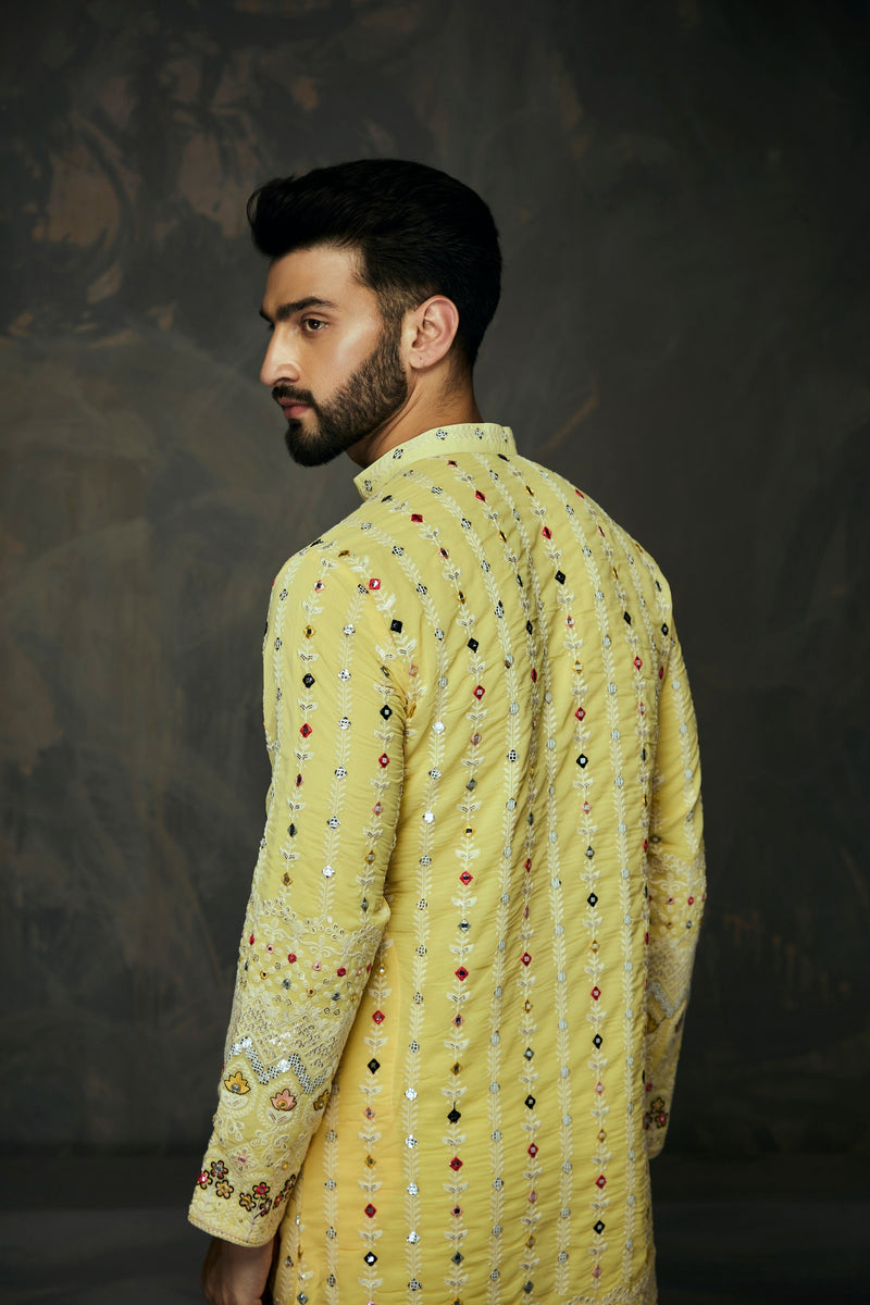 Yellow Georgette Embroidery Mirror Work Kurta For Men