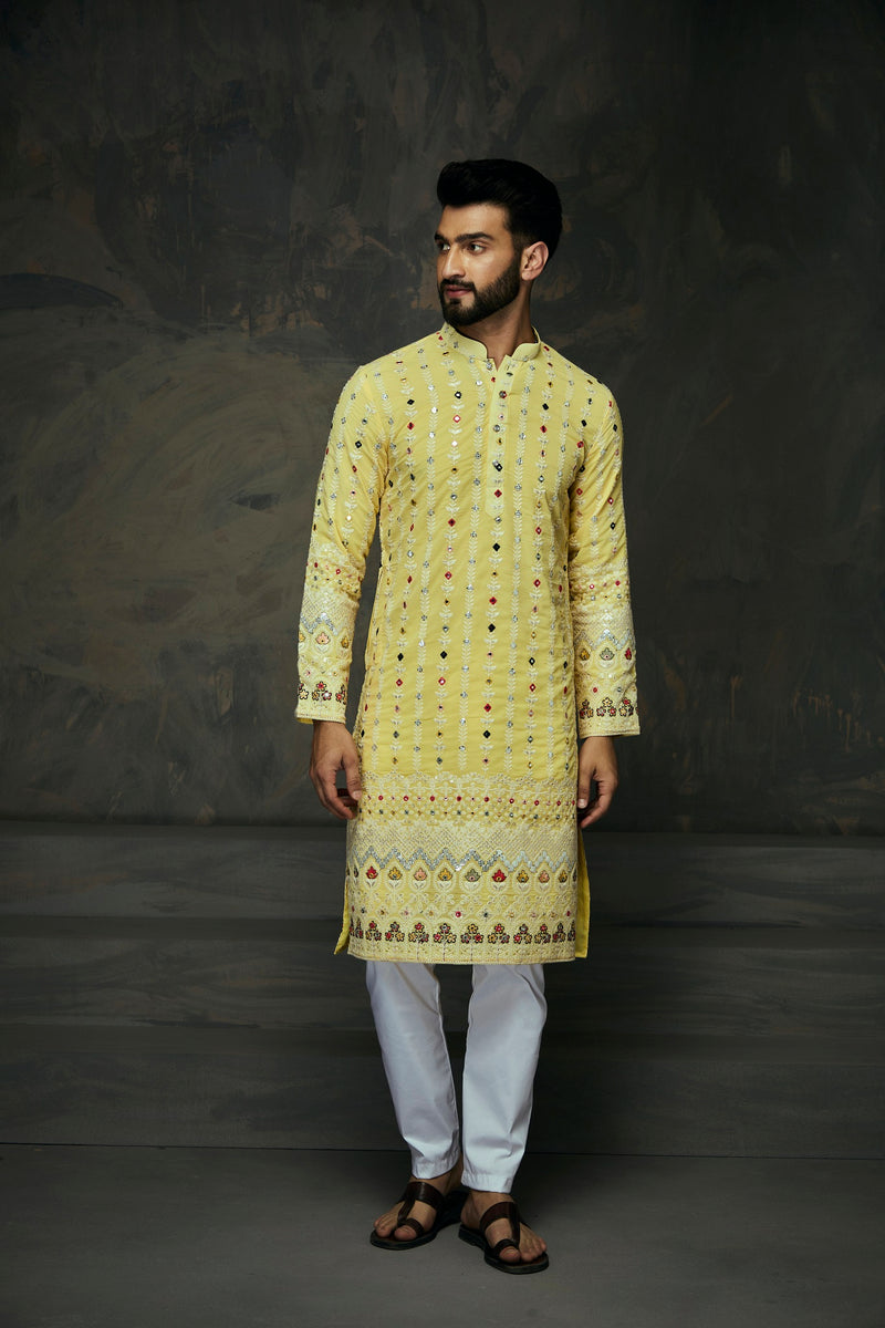 Yellow Georgette Embroidery Mirror Work Kurta For Men