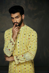 Yellow Georgette Embroidery Mirror Work Kurta For Men