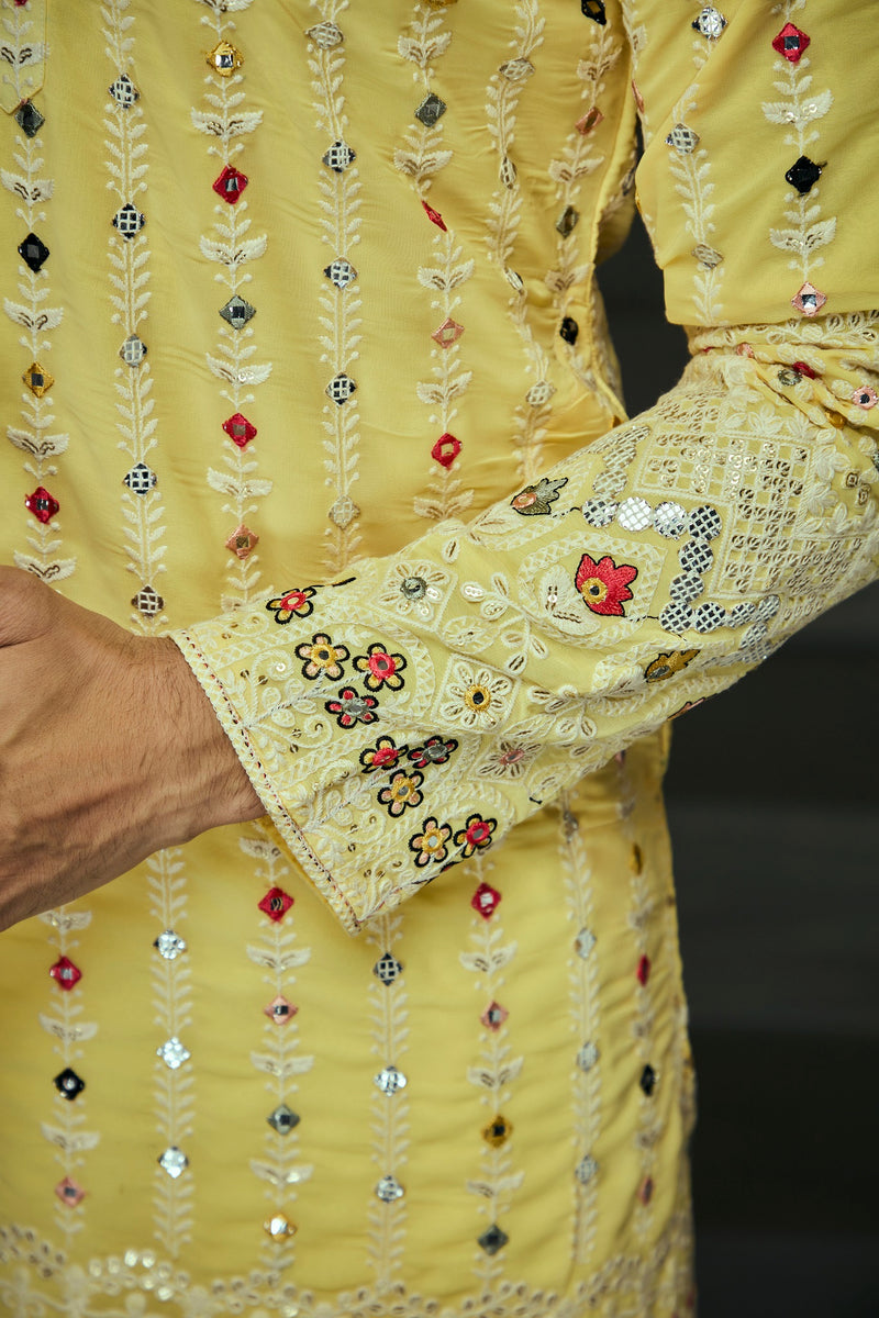 Yellow Georgette Embroidery Mirror Work Kurta For Men