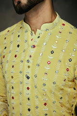 Yellow Georgette Embroidery Mirror Work Kurta For Men