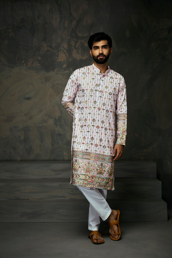 Pink Multicolor Thread Embroidery With Mirror Work Kurta For Men