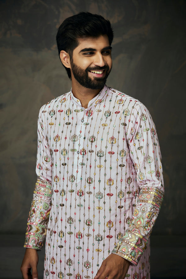 Pink Multicolor Thread Embroidery With Mirror Work Kurta For Men