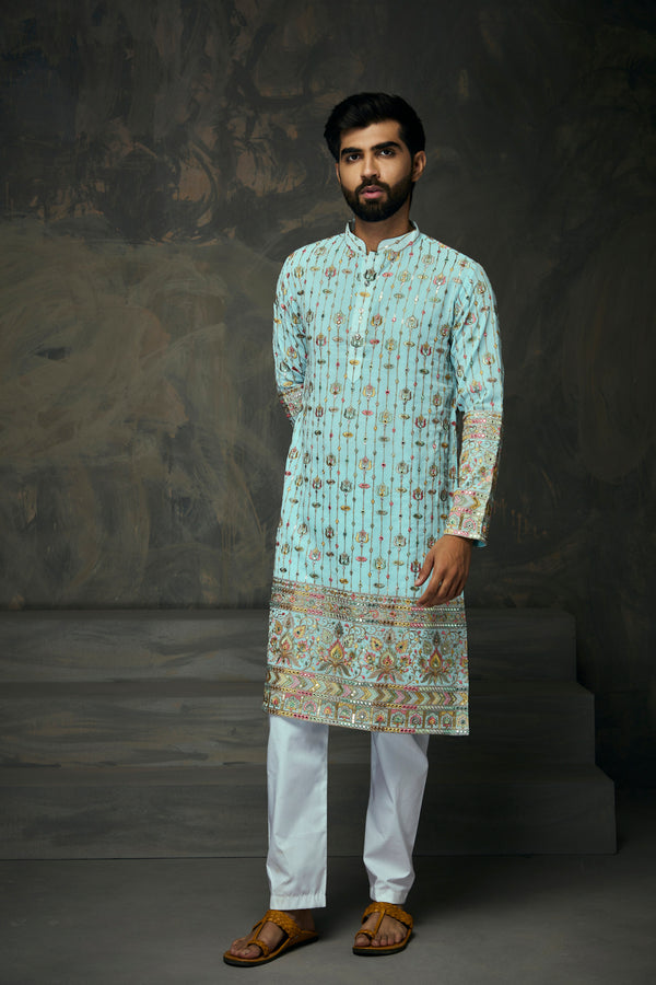 Sky Blue Georgette Multicolor Thread Embroidery With Mirror Work Kurta For Men