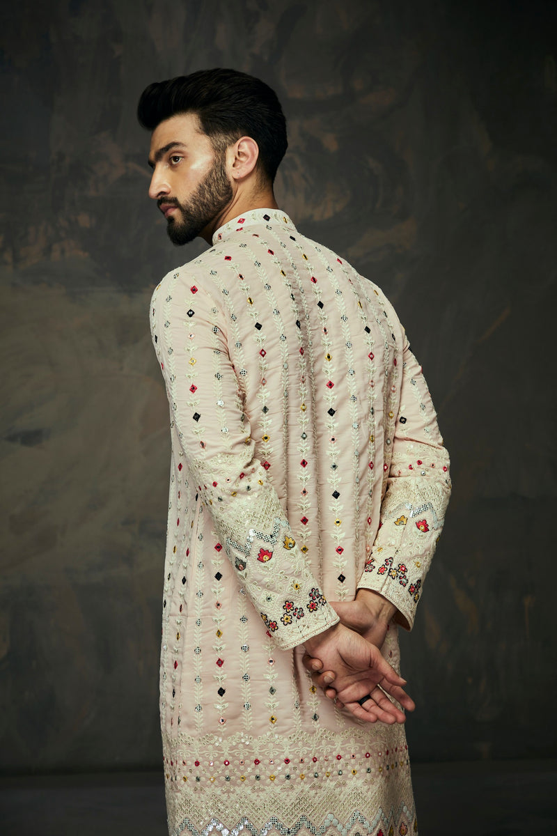 Light Peach Georgette Embroidery Mirror Work Kurta For Men