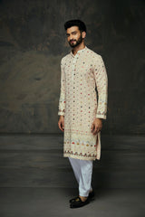 Light Peach Georgette Embroidery Mirror Work Kurta For Men