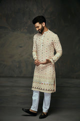 Light Peach Georgette Embroidery Mirror Work Kurta For Men