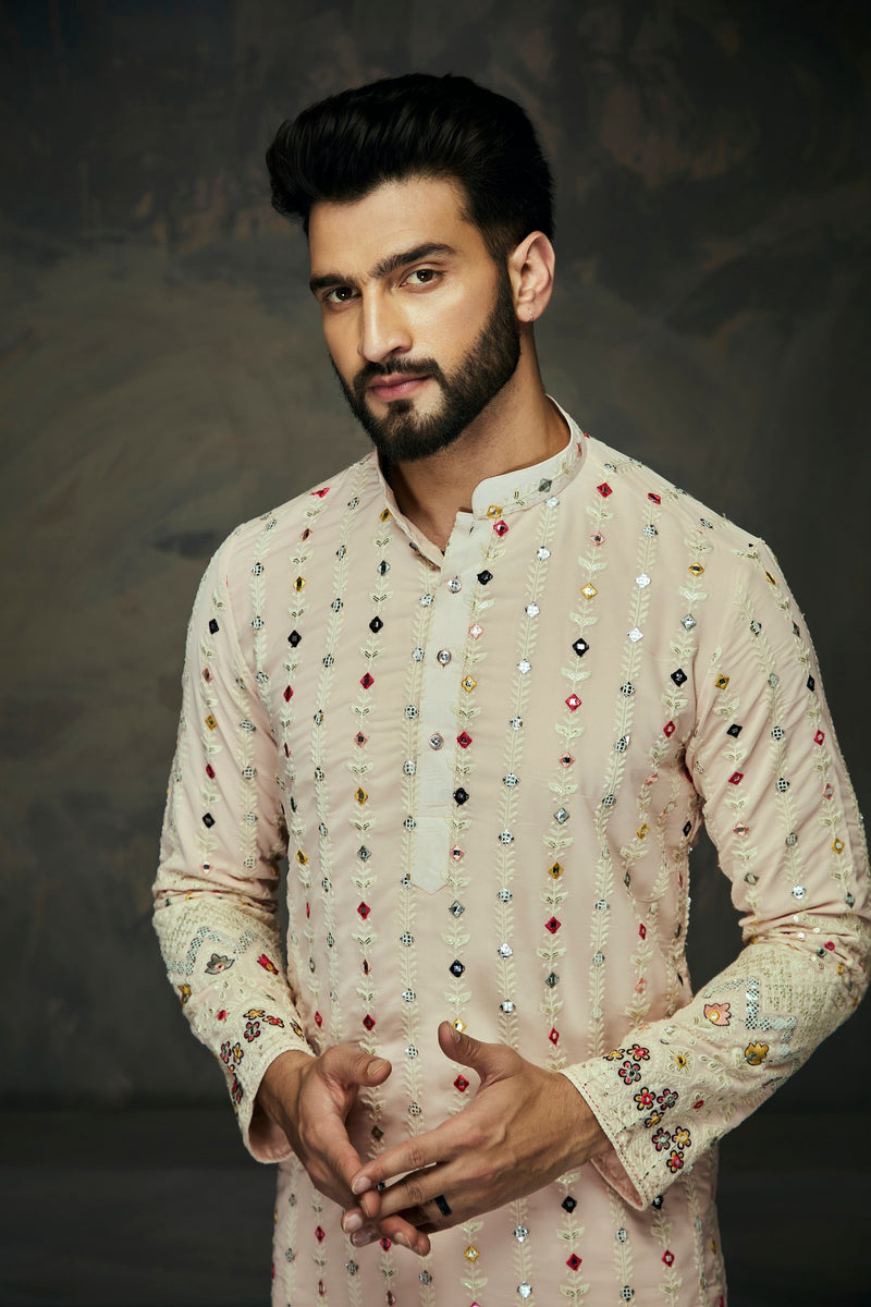 Light Peach Georgette Embroidery Mirror Work Kurta For Men