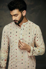 Light Peach Georgette Embroidery Mirror Work Kurta For Men