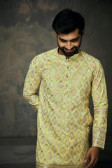 Light Yellow Georgette Heavy Work Kurta with Horse Motif  Borders