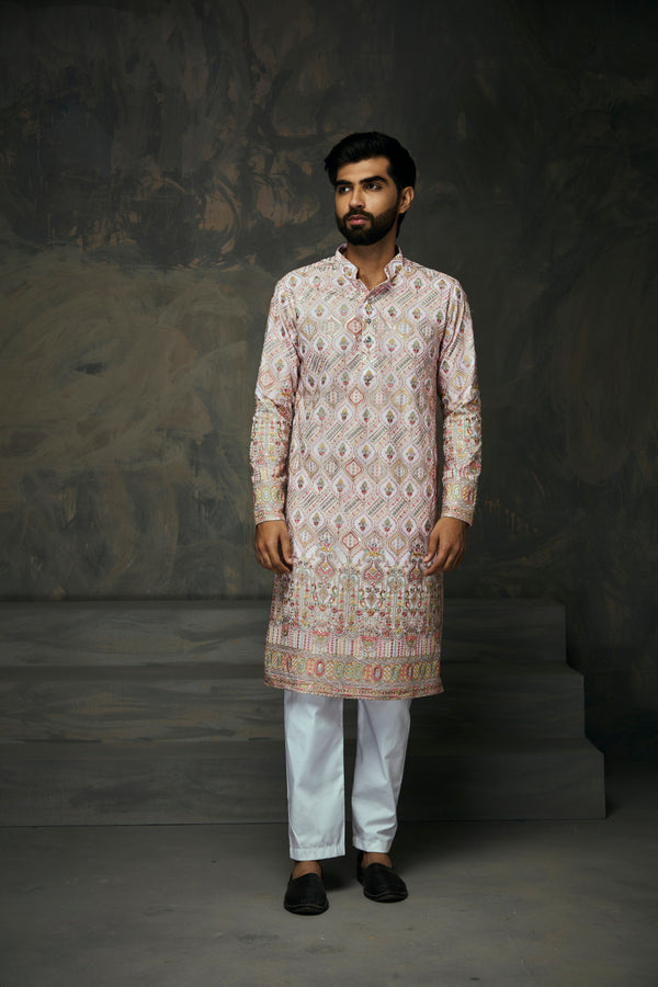 Pink Georgette Multicolor Thread Embroidery Kurta For Men