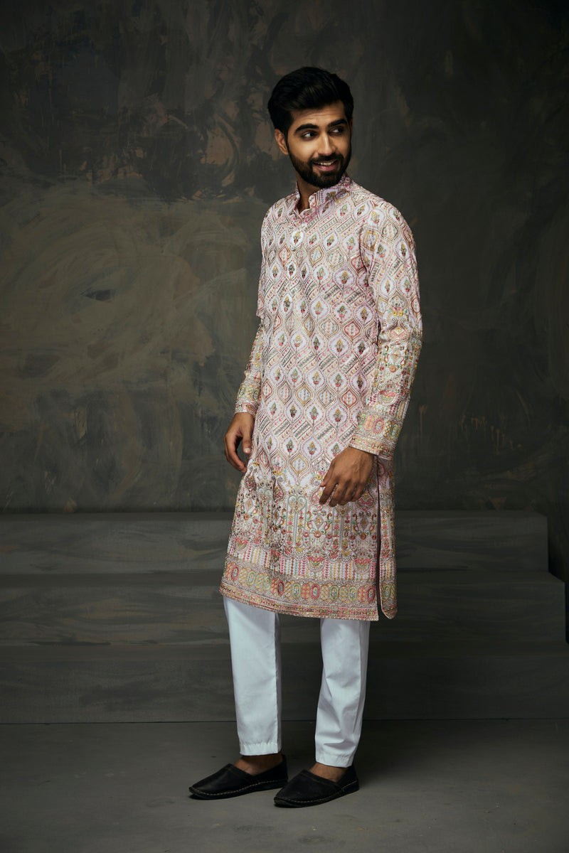 Pink Georgette Multicolor Thread Embroidery Kurta For Men
