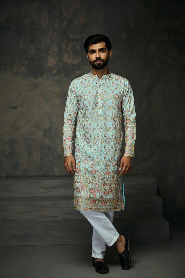 Sea Green Georgette Multicolor Thread Embroidery with Mirror work Kurta For Men