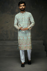 Sea Green Georgette Multicolor Thread Embroidery with Mirror work Kurta For Men