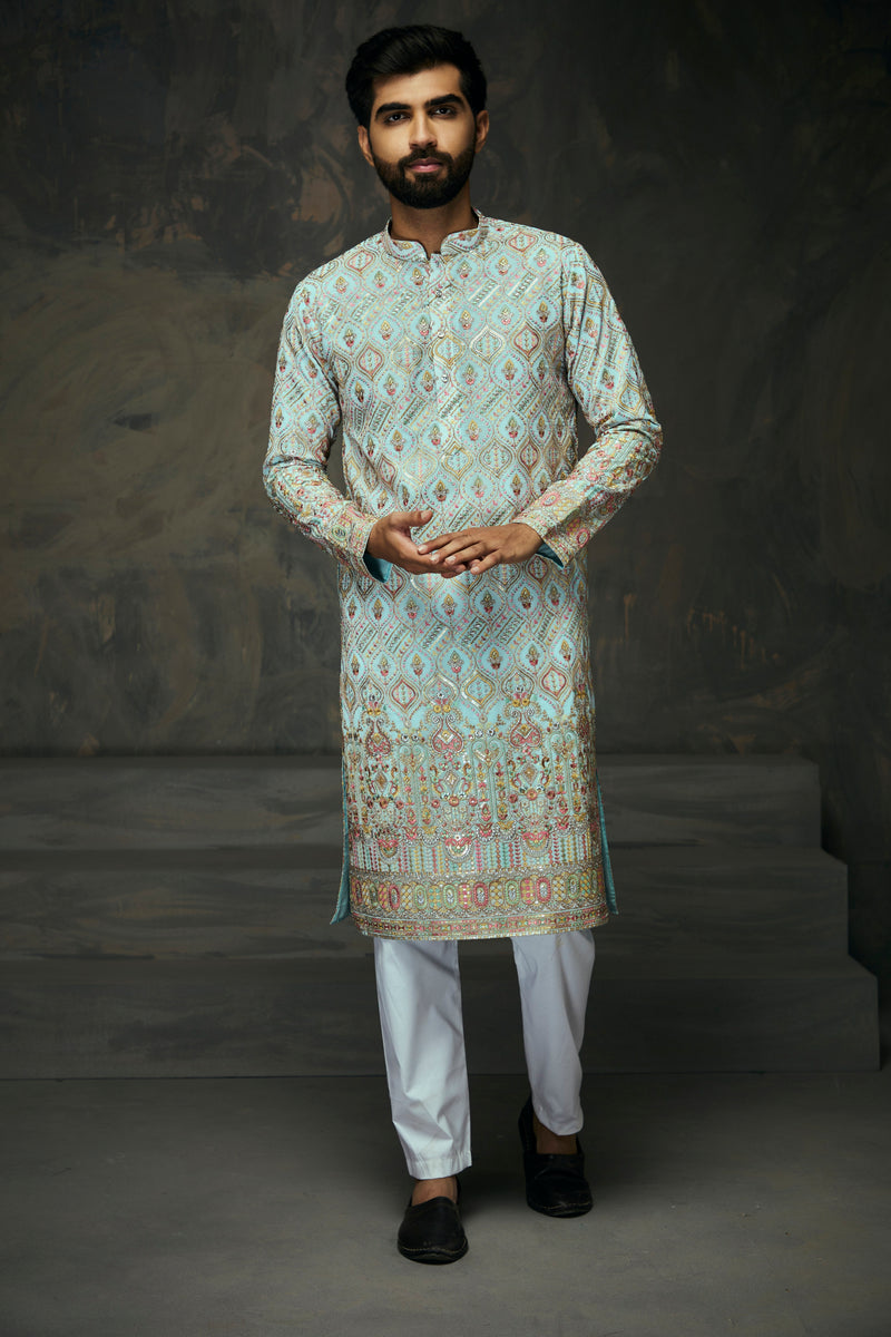 Sea Green Georgette Multicolor Thread Embroidery with Mirror work Kurta For Men