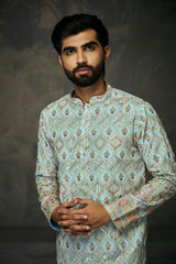 Sea Green Georgette Multicolor Thread Embroidery with Mirror work Kurta For Men