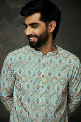 Sea Green Georgette Multicolor Thread Embroidery with Mirror work Kurta For Men