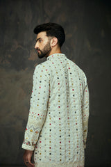 White Georgette Embroidery Mirror Work Kurta For Men