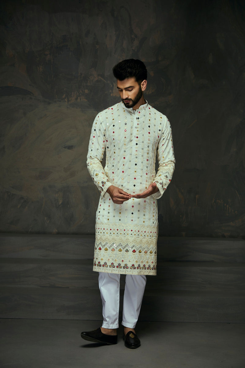 White Georgette Embroidery Mirror Work Kurta For Men