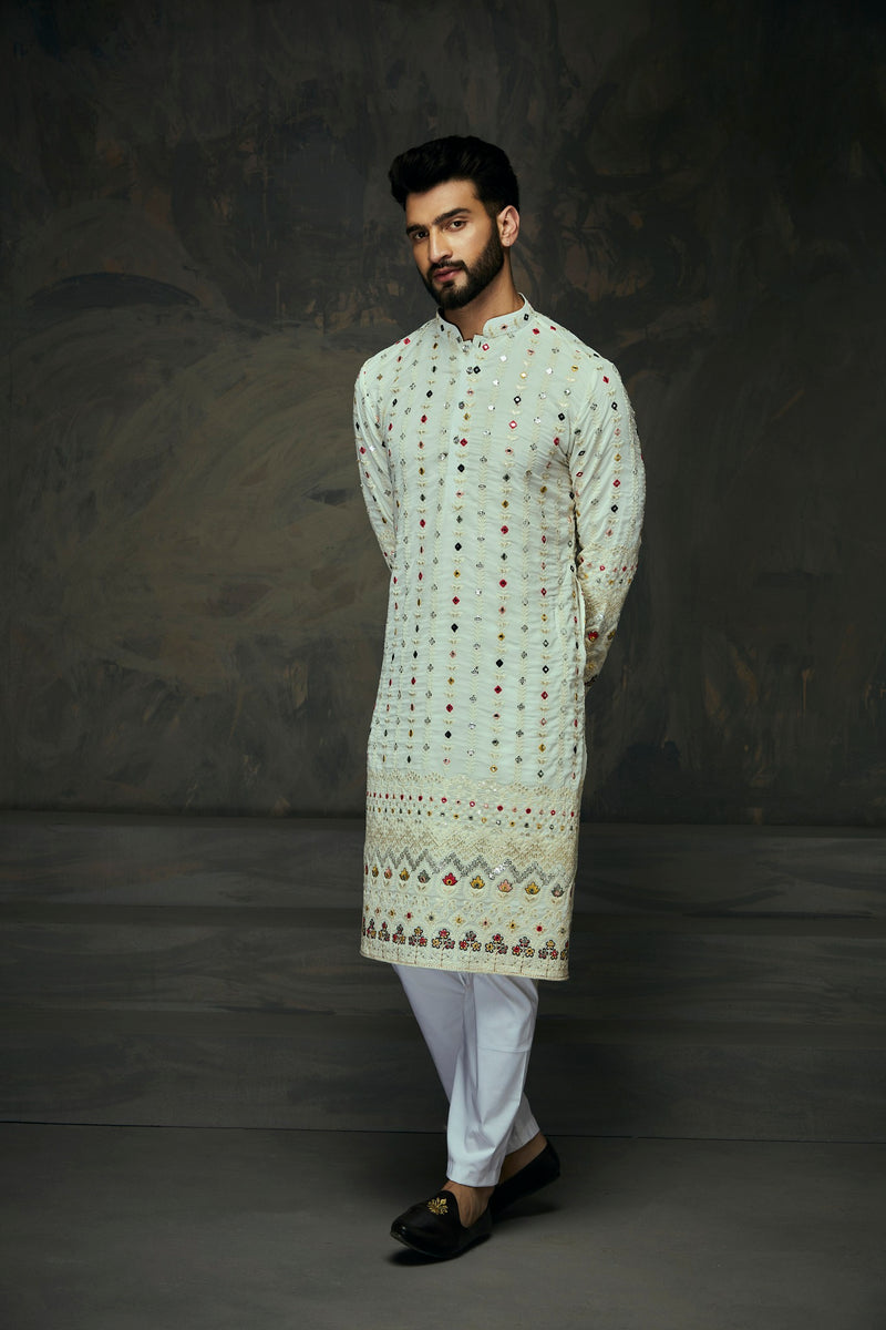 White Georgette Embroidery Mirror Work Kurta For Men