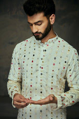 White Georgette Embroidery Mirror Work Kurta For Men