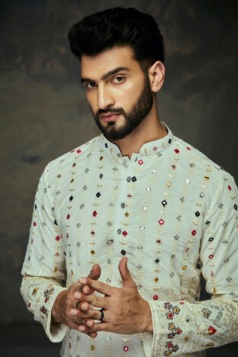 White Georgette Embroidery Mirror Work Kurta For Men