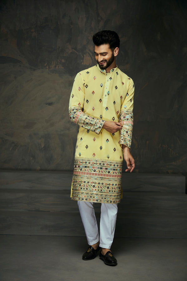 Lemon Yellow Georgette Kurta With Embroidery Work