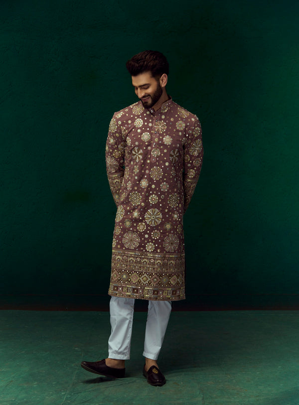 Coffee Georgette Kurta With Floral Embroidery Work