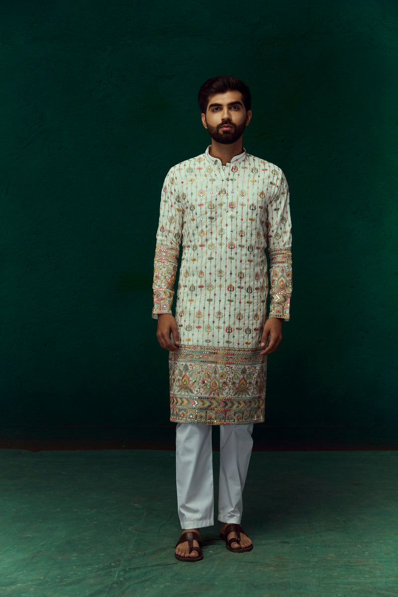 Cream Multicolor Embroidery Mirror Work Kurta For Men