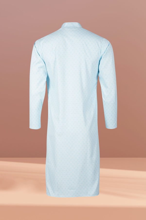 Skyblue and White Printed Taby Fabric Kurta For Men