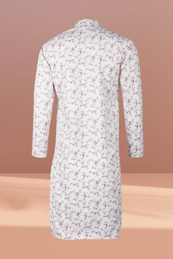 Multicolored Floral Printed White Taby Fabric Kurta For Men