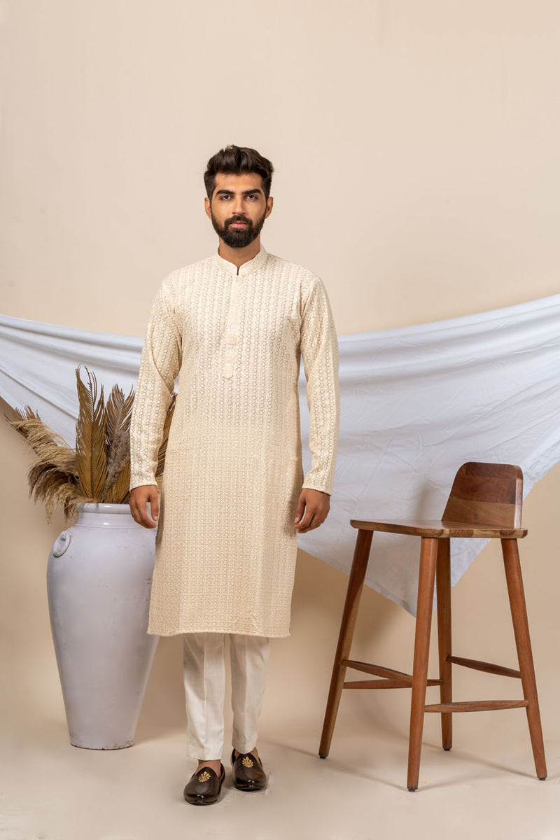 Cream Viscose Georgette lucknowi Embroidery Kurta For Men