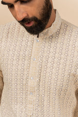 Cream Viscose Georgette lucknowi Embroidery Kurta For Men