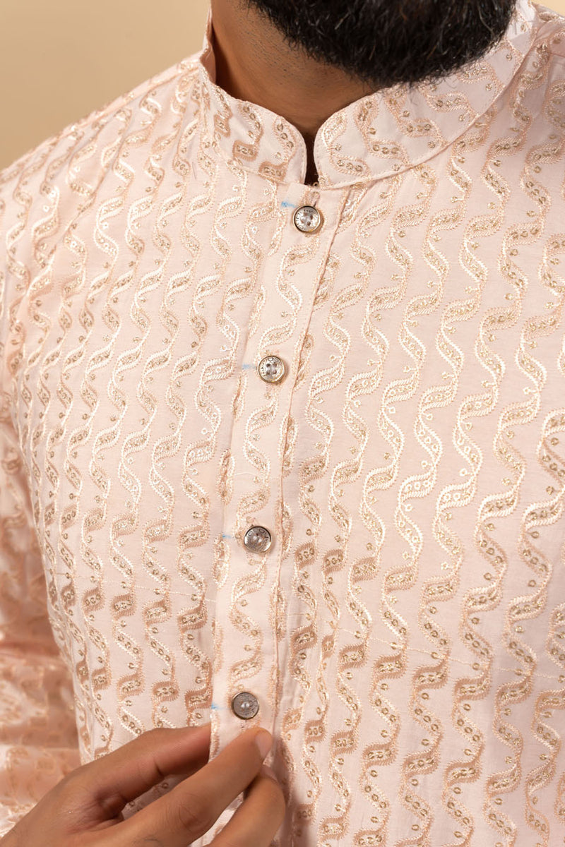 Light Peach Fendi Silk Embroidery Kurta For Men