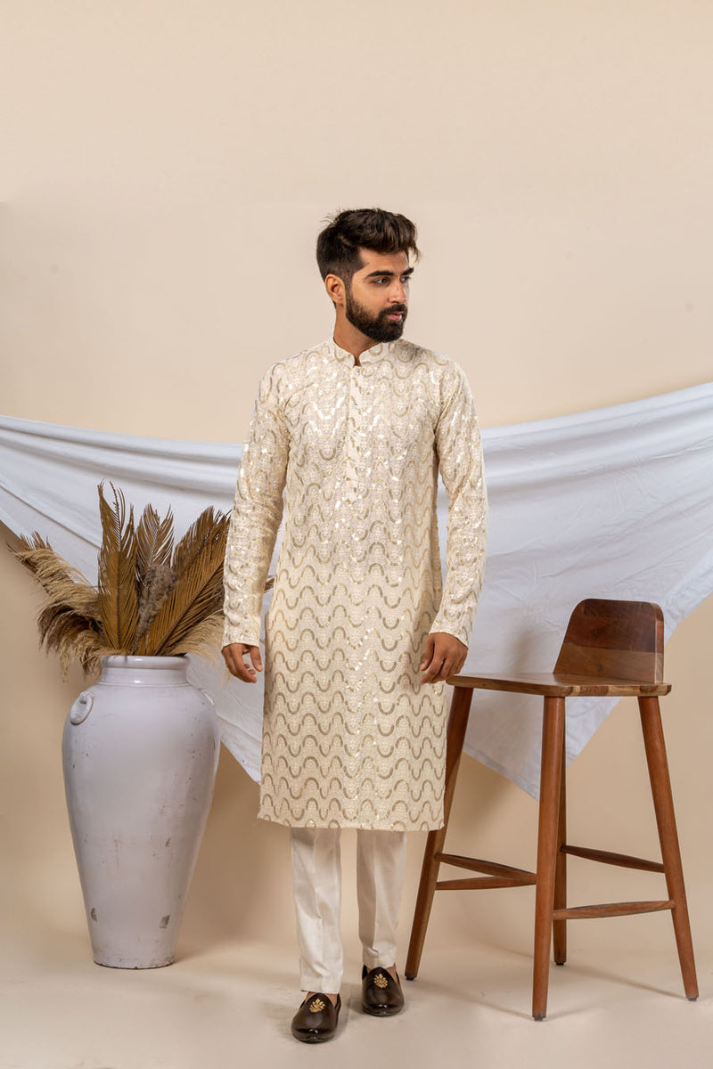 Cream Pure Viscose Georgette lucknowi Embroidery Kurta For Men